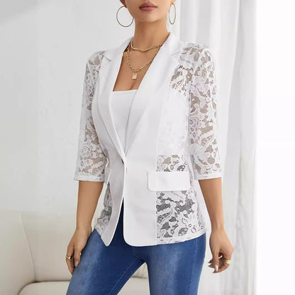 Autumn Winter Elegant Solid Color Lace Stitching Small Blazer Women Top - Wanita Store