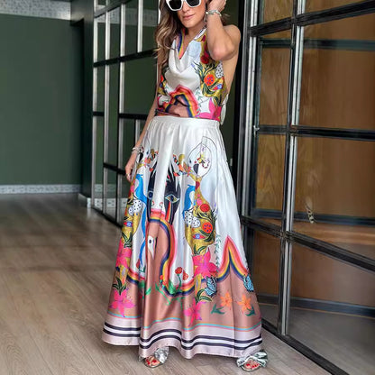 Spring Summer Sleeveless Printed Dress Casual Loose Vacation Lace up Dress - Wanita Store