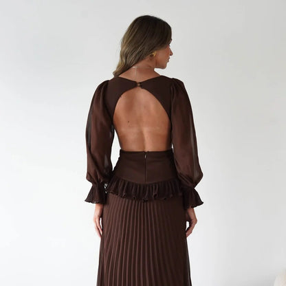Robe à manches longues et dos nu plissée à la taille pour femme