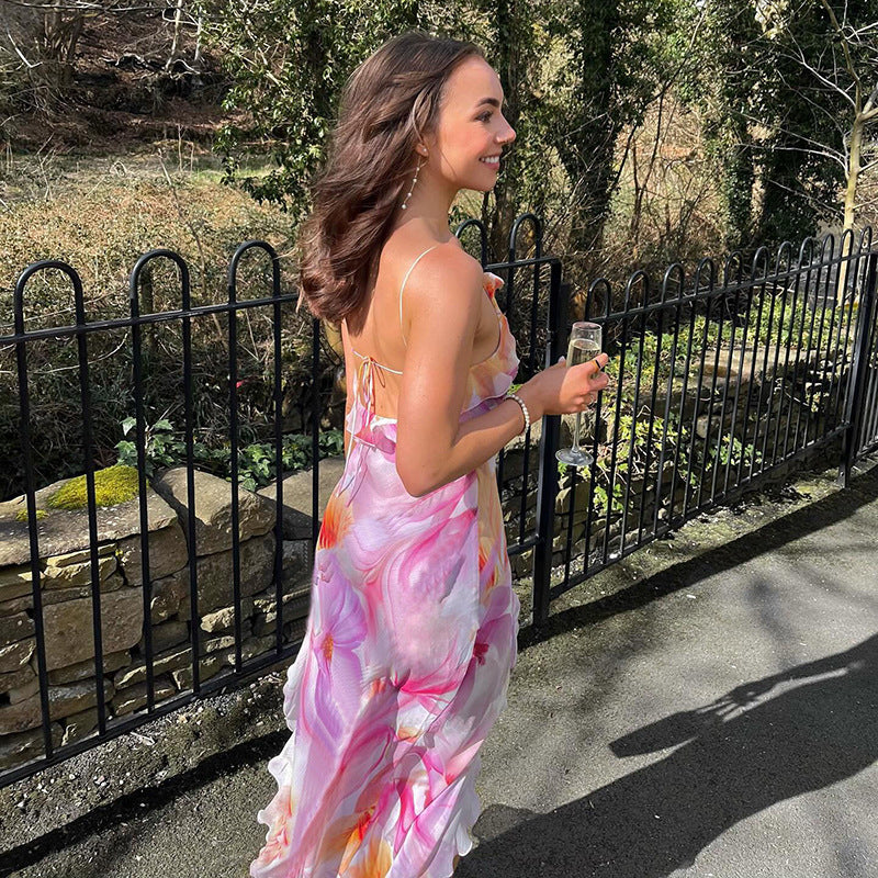 Summer Trends Women V neck Brace Printed Sheath Backless Sexy Dress