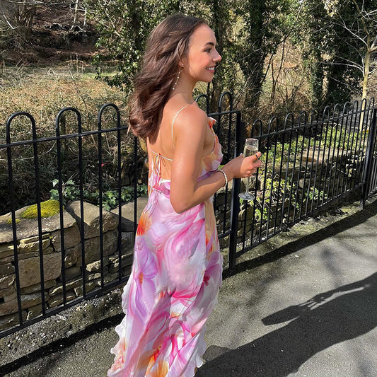 Summer Trends Women V neck Brace Printed Sheath Backless Sexy Dress