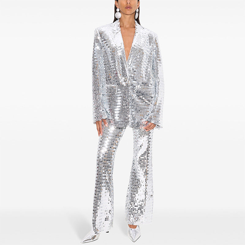 Spring Summer One Button Mesh Sequ Work Pant Two Piece Set