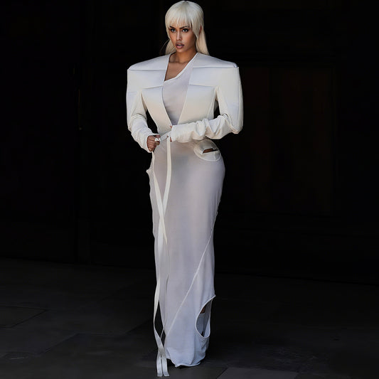 Women Clothing Personality Street Wide Shoulder Long Sleeve V neck Lace up Solid Color Short Coat