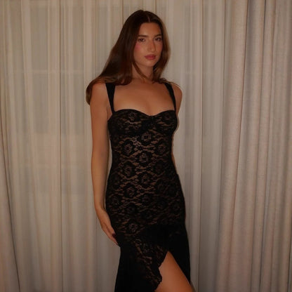 Vêtements Femme Robe Femme Haut de Gamme Sexy en Dentelle à Bretelles Fines Moulante Transparente Fendue