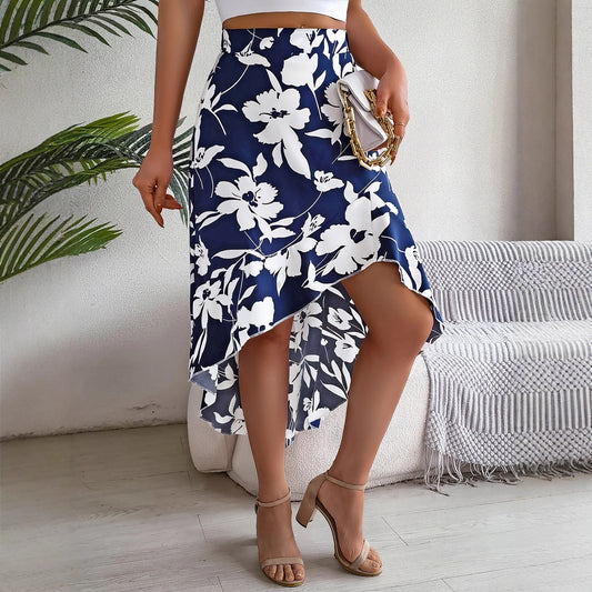 Women Clothing Spring Summer Elegant Floral Ruffled Mid Length Irregular Asymmetric Skirt