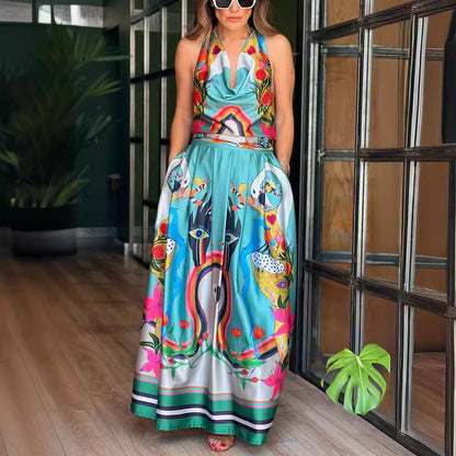 Spring Summer Sleeveless Printed Dress Casual Loose Vacation Lace up Dress - Wanita Store