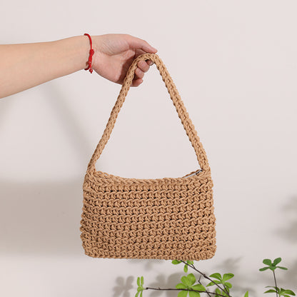 All Match Shoulder Cotton Thread Woven Bag Fresh Square Underarm Bag Straw Bag Solid Color Office Handbag Women - Wanita Store