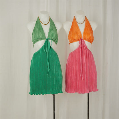 Summer Sexy V Neck Backless Pleated Dress Women Halter Lace Up Cutout Short Dress - Wanita Store