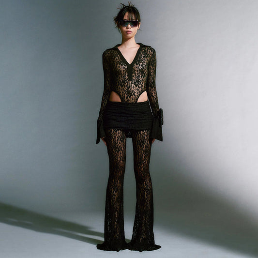 Sexy Lace Stitching Deep V Plunge Long Sleeve Top Slim Fit See through High Waist Flared Pants Women Sets