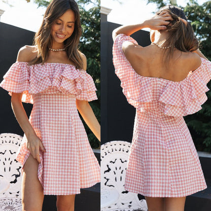Women Clothing New Plaid off-Shoulder Ruffled Collar Show Fashion Dress - Wanita Store