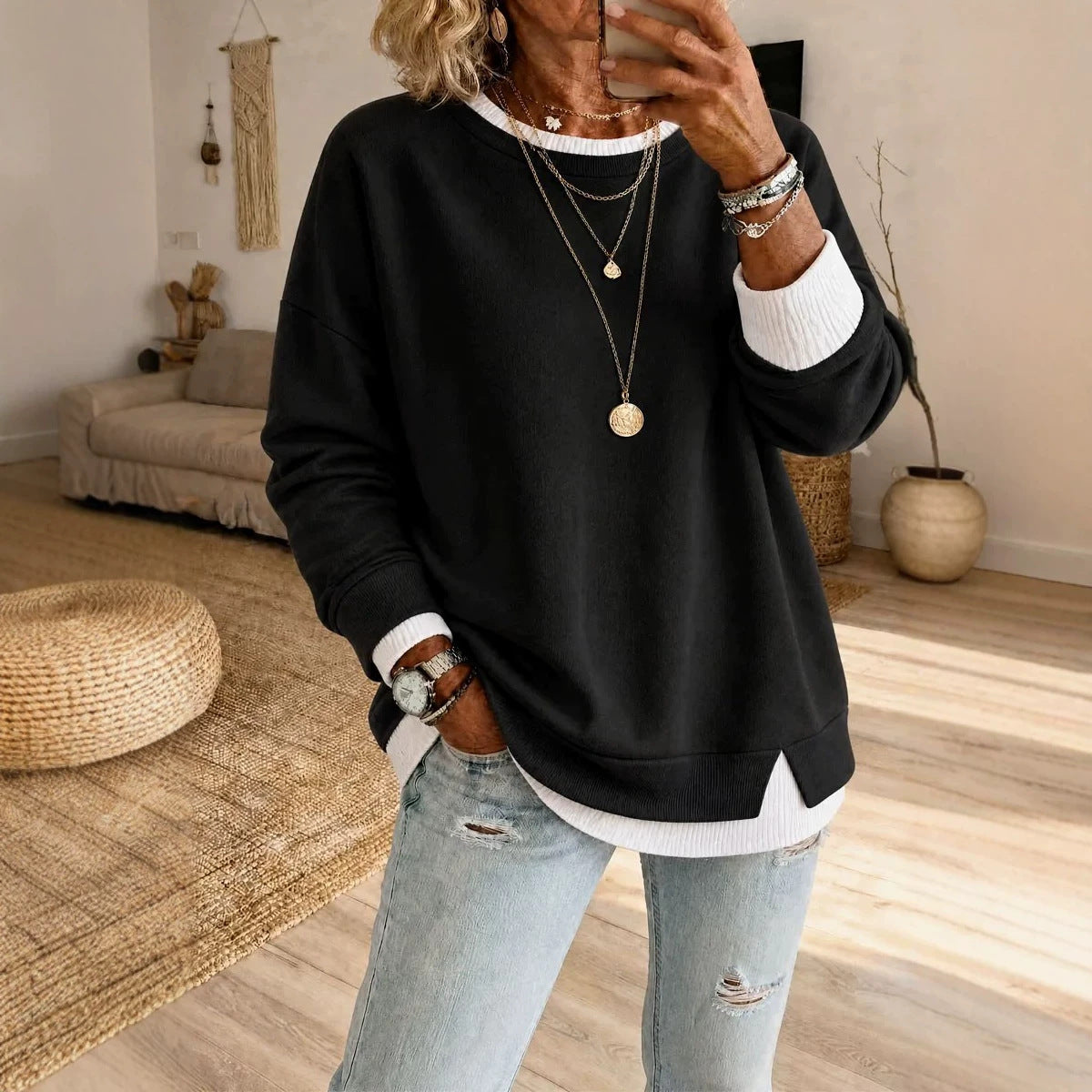Faux Two Piece Thread Split round-Neck Long Sleeve Casual Pullover Sweaters Women Clothing Western Slimming