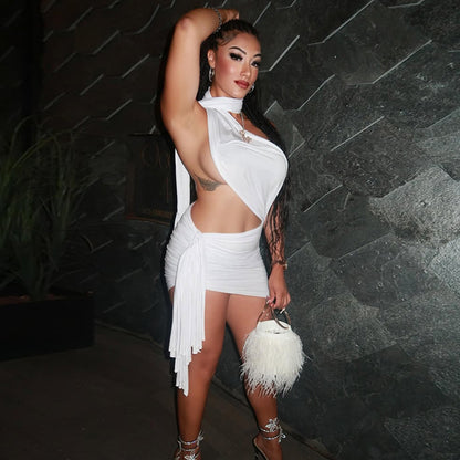 Street Women Wear Stitched Backless Solid Color Hip Lace up Pleated Asymmetric Dress - Wanita Store