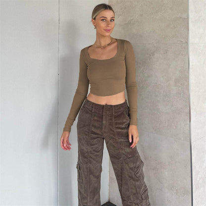 Large round Neck Long Sleeves Rib Short Top Women Casual Sexy Autumn Winter Knitting Bottoming Shirt Street Slim Top - Wanita Store