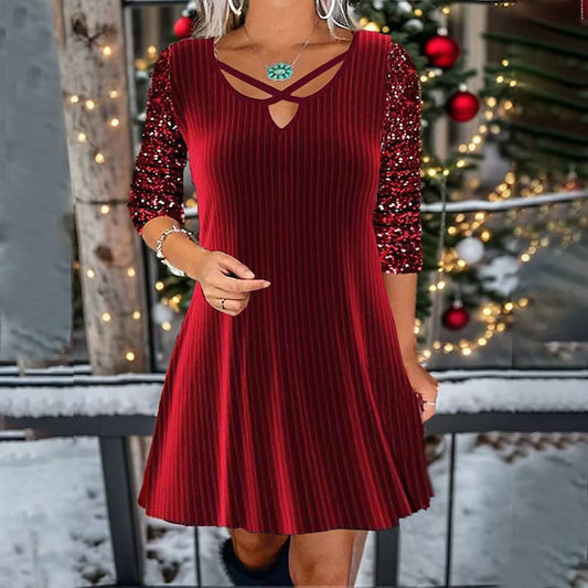 Women Clothing Solid Color V-neck Long Sleeve Sequin Casual Dress Women