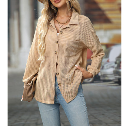 Women Autumn Winter Loose Waffle Casual Office All Matching Shirt - Wanita Store