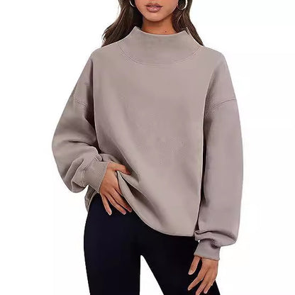 Women Autumn Winter Casual Fleece Shirt Women Thick Half Turtleneck Loose Sweatshirts - Wanita Store