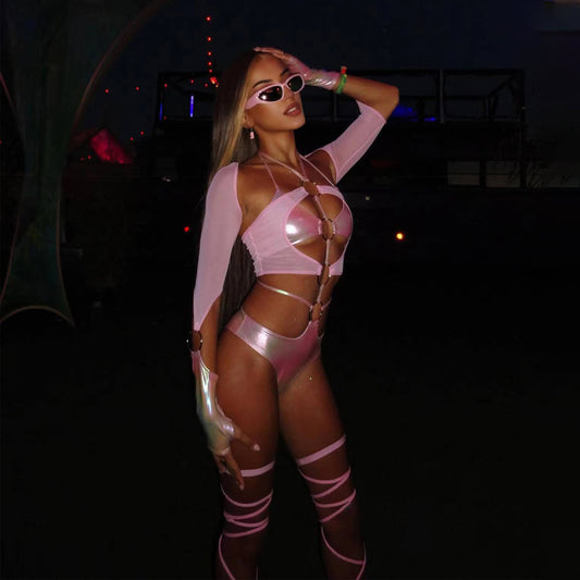 Sexy Slim Fit Suit Sexy Mesh Stitching Leather Jumpsuit
