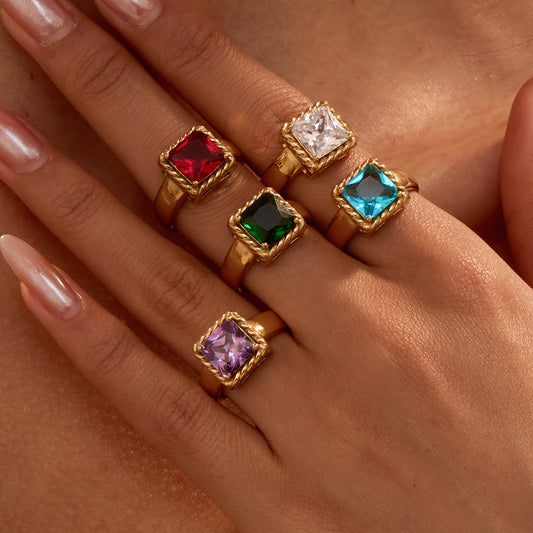 Entry Lux Color Square Open End Zircon Ring Stainless Steel 18K Gold Plating Vintage Modern Office Ring - Wanita Store