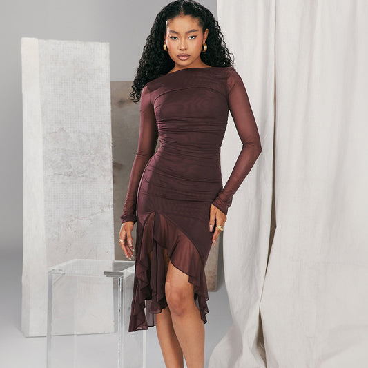 Women Clothing Summer Mesh Long Sleeve Backless Slit Ruffled Dress