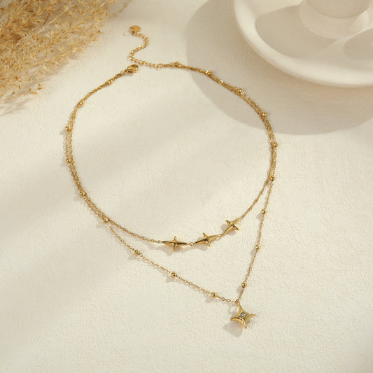 Double Layer Stainless Steel Necklace Entry Lux Clavicle Chain Plated 18K Real Gold Necklace - Wanita Store
