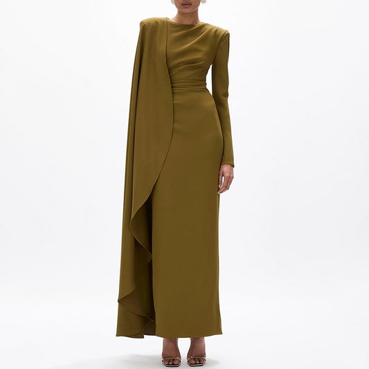 Dress Women Solid Color round Neck Irregular Asymmetric Shawl Back Slit Slim Slimming Dress