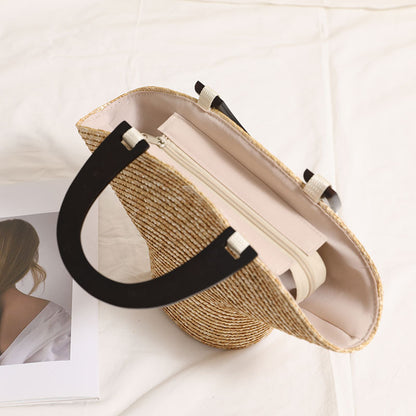 Wooden Portable Hat Straw Bag Fresh Straw Woven Bag Vacation Beach Bag Women Bag - Wanita Store