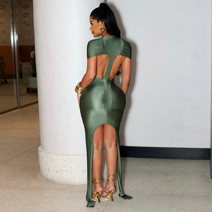Robe Femme Été Couleur Unie Sexy Manches Courtes Dos Creux Découpé Ruban Plissé Slim