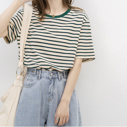 Women Short Sleeved T shirt Summer Thin Loose Cotton Green Striped T shirt Women Top Clothes - Wanita Store