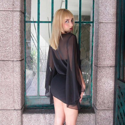 Robe asymétrique irrégulière deux pièces simulée en maille noire pour femmes, robe moulante sexy en dentelle