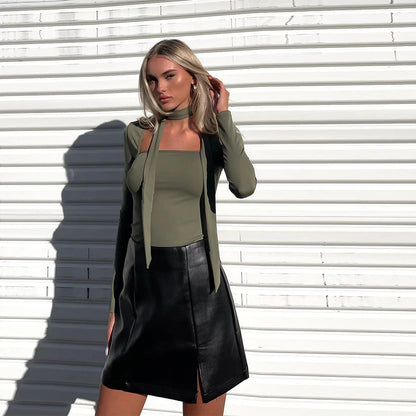 High Grade Adult Lady like Woman T shirt Autumn Winter Square Collar Lace up Slim Fit Elegant Short Top - Wanita Store
