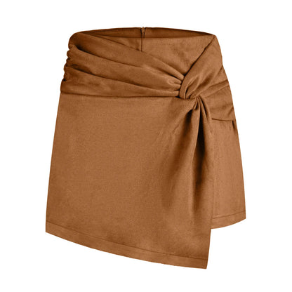 Women Skort Suede Kinked Pantskirt Heap Pleated Irregular Asymmetric Pantskirt Short Skirt - Wanita Store