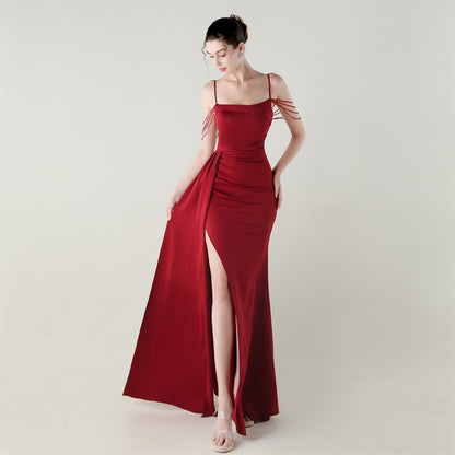 Bandeau Sling Satin Craft Beaded Chain Fishtail Evening Dress Dinner Wedding Ball - Wanita Store