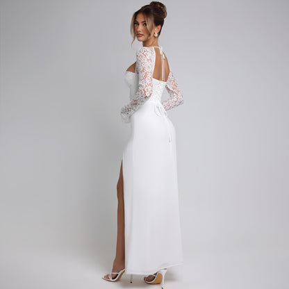 Autumn Women Wear Low Cut Self Tie Lace Slim Fit Slit Sexy Dress - Wanita Store