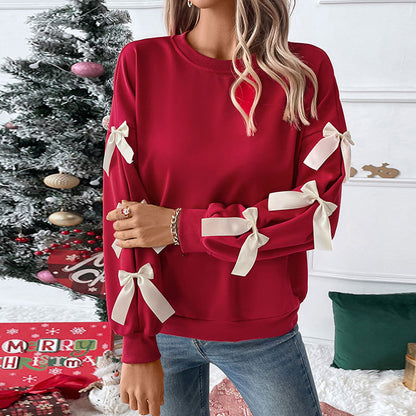 Autumn Winter Top Round Neck Bowknot Red Christmas Sweatshirt for Women - Wanita Store
