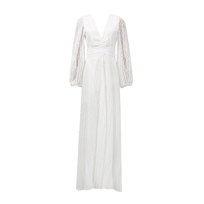Vestido largo de primavera con escote pronunciado en V, manga farol, cintura ajustada y diseño plisado adelgazante para mujer