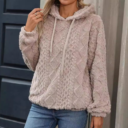 Autumn Winter Women Clothing Plush Jacquard Fabric Long Sleeve Loose Hooded Pullover Sweatshirt - Wanita Store