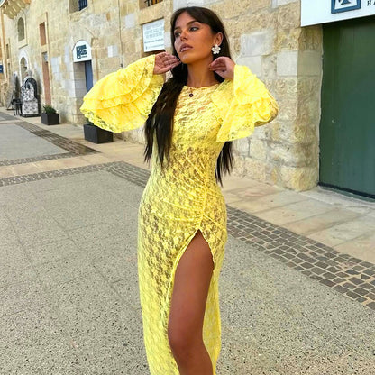 Women Clothing Autumn Sexy Lace Flared Sleeve Slit Dress - Wanita Store