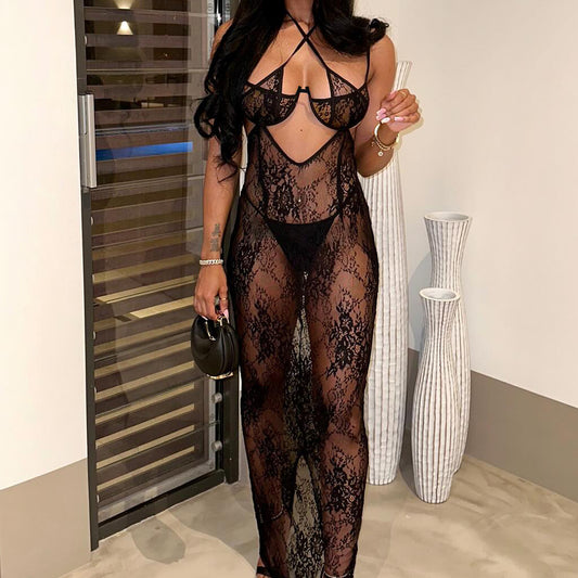 Fashionable See through Rose Lace Hollow Out Cutout out See through Lace up Halterneck Body Shaping Sexy Dress T Back