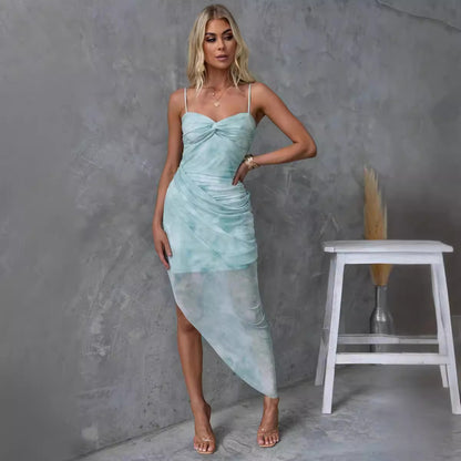 Spring Summer Suspender Floral Print Slit Dress Casual Vacation Loose Dress - Wanita Store