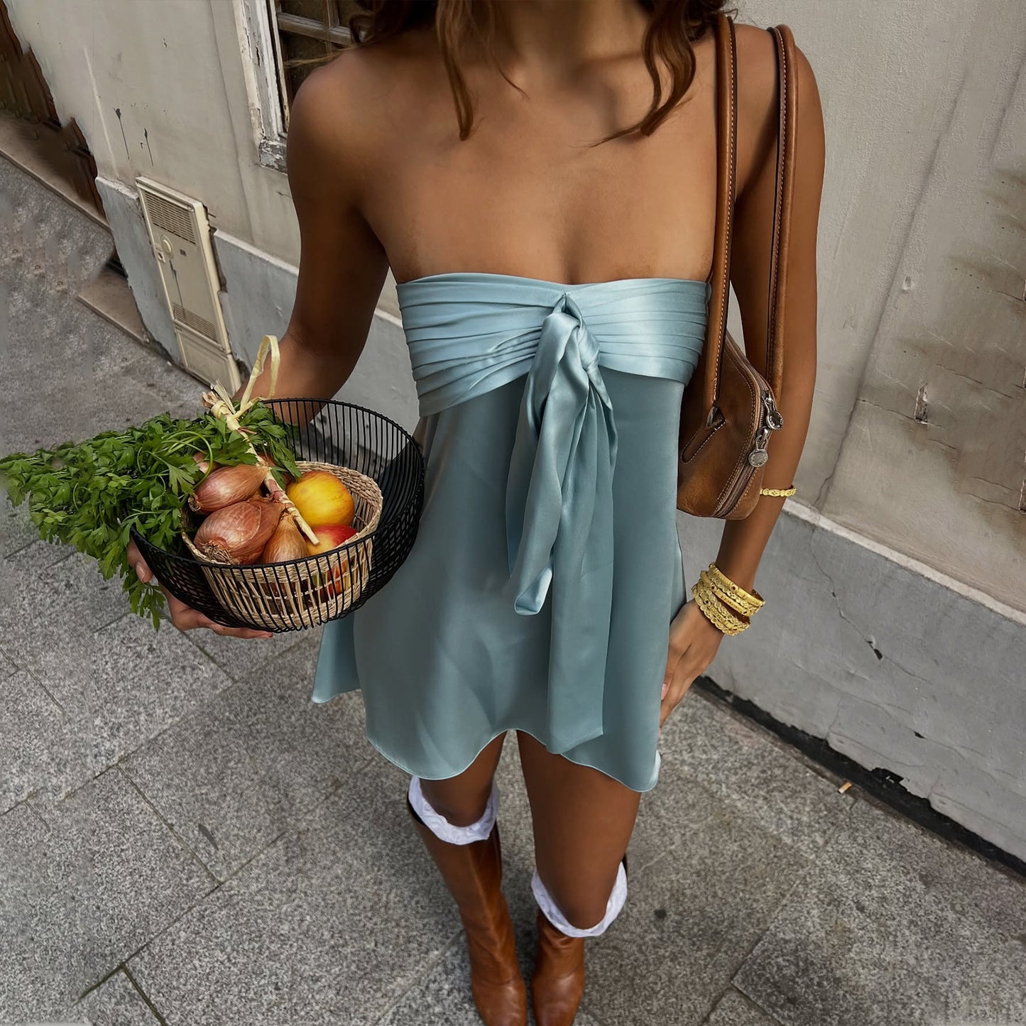 Women Clothing Spring Sexy Street Satin Tube Top Strap Solid Color Sleeveless Dress