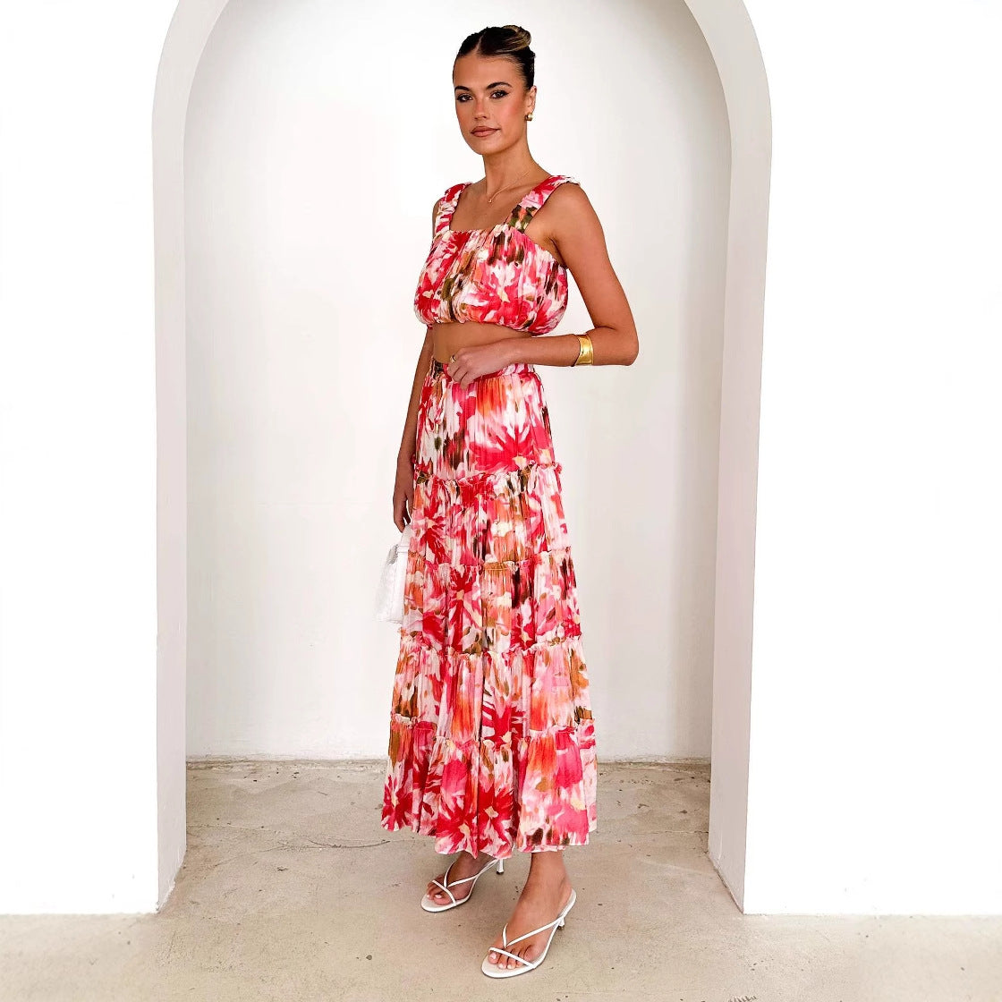 Women Clothing Retro Sleeveless Short Corset Spaghetti Strap Floral Print High Waist Skirt Two Piece Set for Women