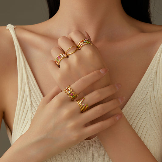 18K Gold Plated Stainless Steel Ring Women Geometric Abstract Colorful Oil Necklace Ring Ornament - Wanita Store