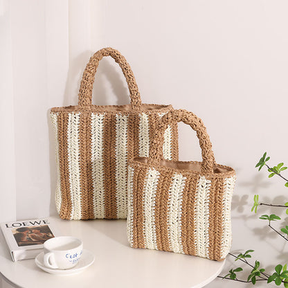 Vertical Stripes French Straw Bag Portable Contrast Color Straw Bag Woven Bag Women's Bag Seaside Vacation Beach Bag - Wanita Store