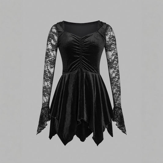 Gothic Vintage Lace Stitching Women Dress Gothic Bandage Ladies Long Sleeve Velvet Dress