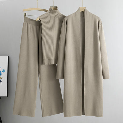 Spring Loose Knitting Suit Women Long Shawl Cardigan Turtleneck Vest Wide Leg Pants Three Piece Set - Wanita Store