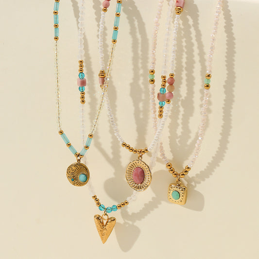 Rhodochrosite Titanium Steel Necklace Women Color Crystal String Beads All Match High Sense Embellished Ornaments - Wanita Store