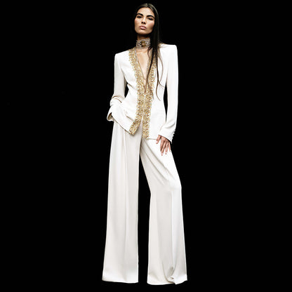 Heavy Embroidery Sequin Bead Diamond Jacket Coat Trousers Two Piece Sets - Wanita Store