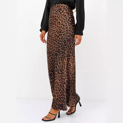 Satin Skirt Sexy Leopard Print Maxi Skirt High Waist Elastic Silky Maxi Skirt - Wanita Store