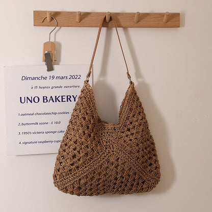 Casual Hollow Out Cutout Shoulder Straw Bag Triangle Large Capacity Straw Bag Woven Bag Vacation Beach Bag Women Bag - Wanita Store