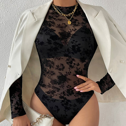 Lace Mesh Flocked Printed See through Sexy Slim Fit Graceful Long Sleeve Jumpsuit - Wanita Store